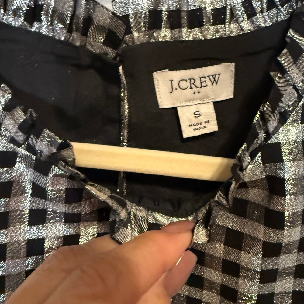 Women's J. Crew Black and Silver Check Metallic Short Sleeve‎ Shirt Size S NEW - Picture 3 of 7